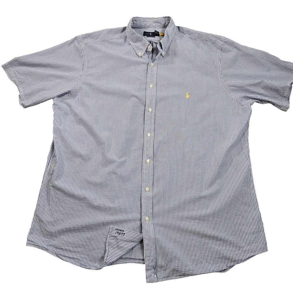 Ralph Lauren Shirt Mens 2XLT Blue Stripe Short Sleeve RL Untucked Button Down